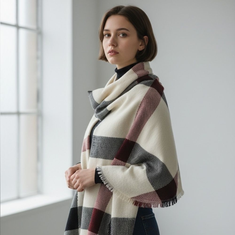 Cream Black Red Tartan Blanket Scarf / Wrap